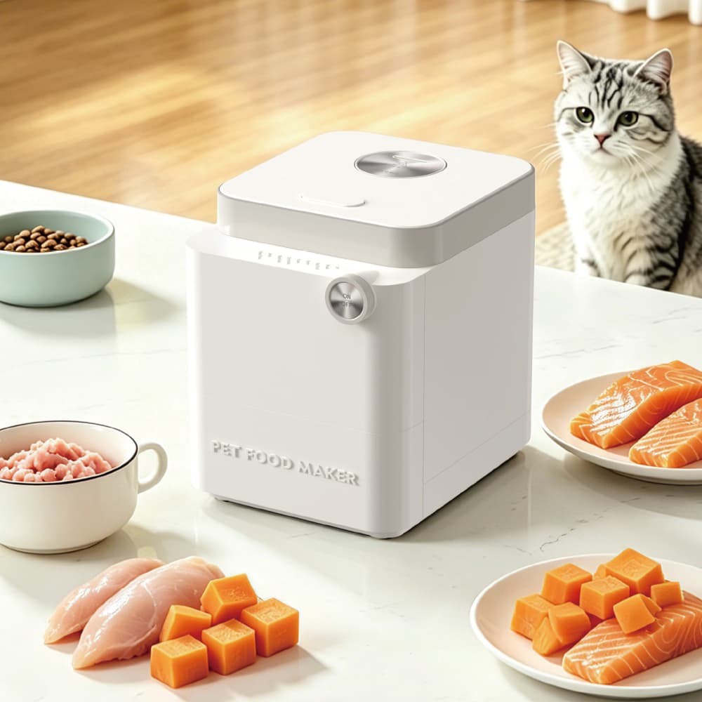 Ullopet pet food maker on a kitchen counter with fresh salmon, chicken, and pumpkin