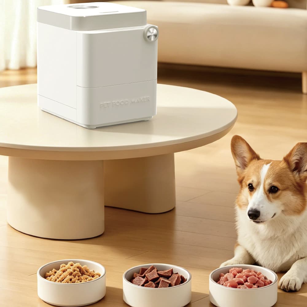 Corgi waiting beside homemade pet meals
