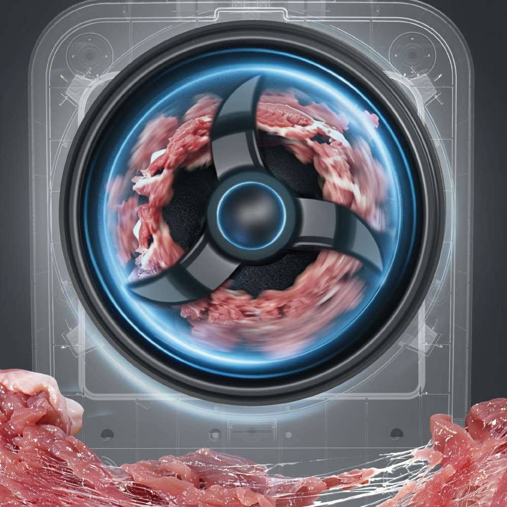 Ullopet tearing-style blade spinning through meat